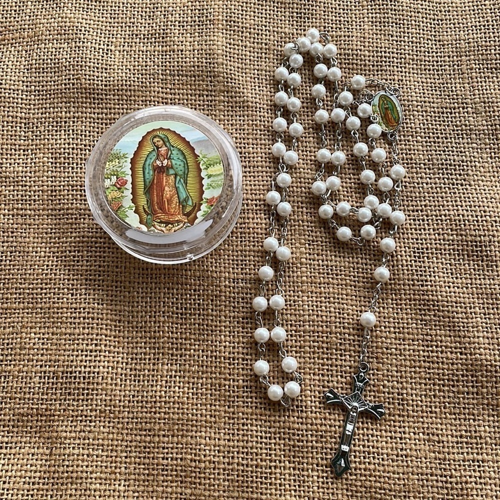 White Pearl rosary New Virgin Mary Case catholic Import New with Case catholic